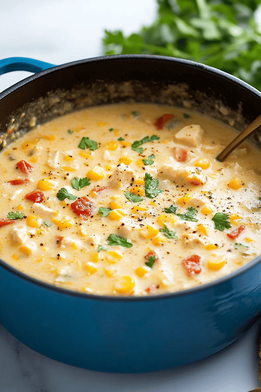 Chicken Corn Chowder Recipe slice on plate showing perfect texture and swirl pattern