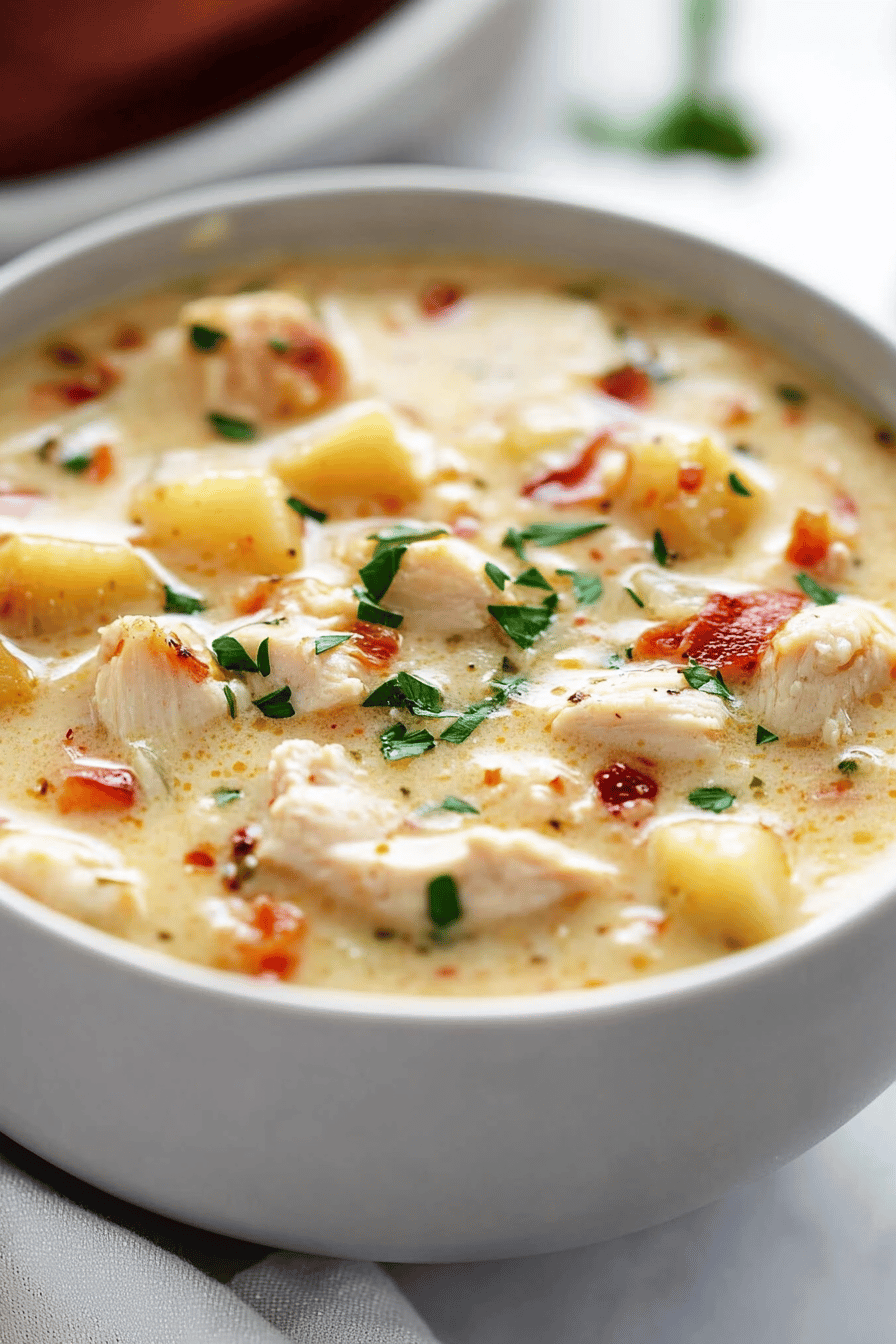 Chicken Potato Soup Recipe slice on plate showing perfect texture and swirl pattern