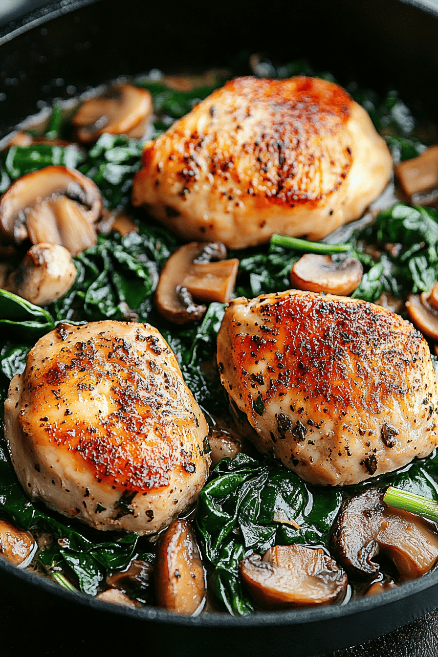 Chicken Spinach Mushroom Skillet ingredients organized and measured on kitchen counter