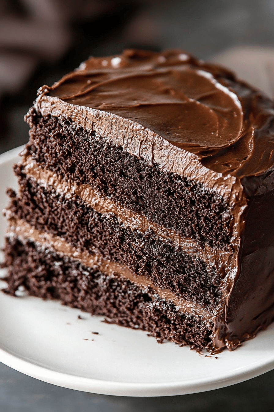 Chocolate Cake Recipe slice on plate showing perfect texture and swirl pattern