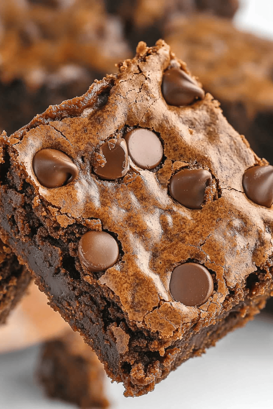 Chocolate Chip Brownies slice on plate showing perfect texture and swirl pattern