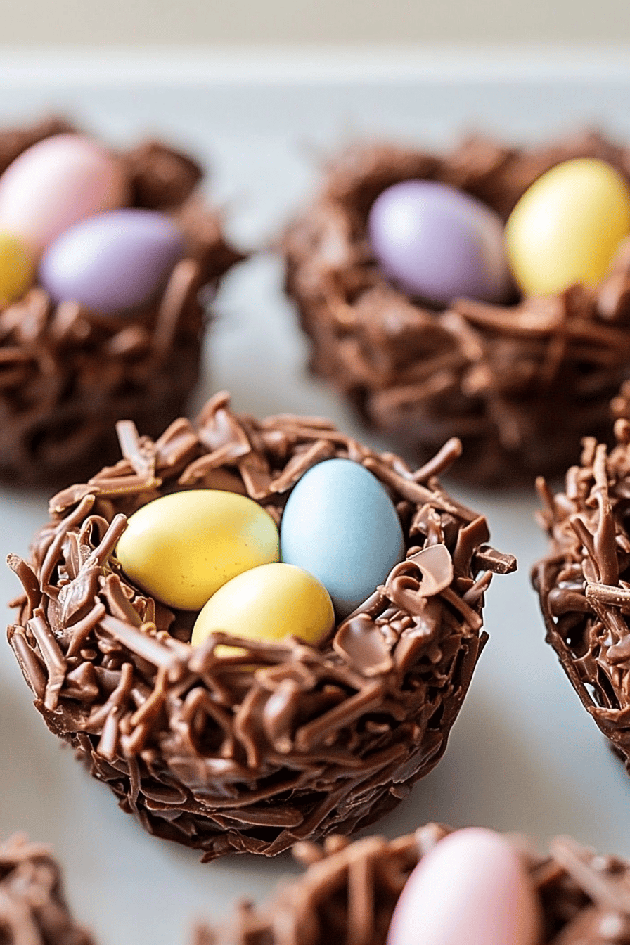 Chocolate Easter Birds Nests slice on plate showing perfect texture and swirl pattern