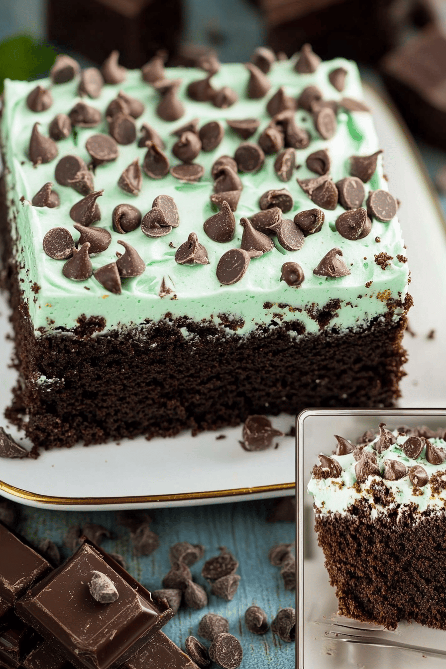 Chocolate Mint Poke Cake slice on plate showing perfect texture and swirl pattern