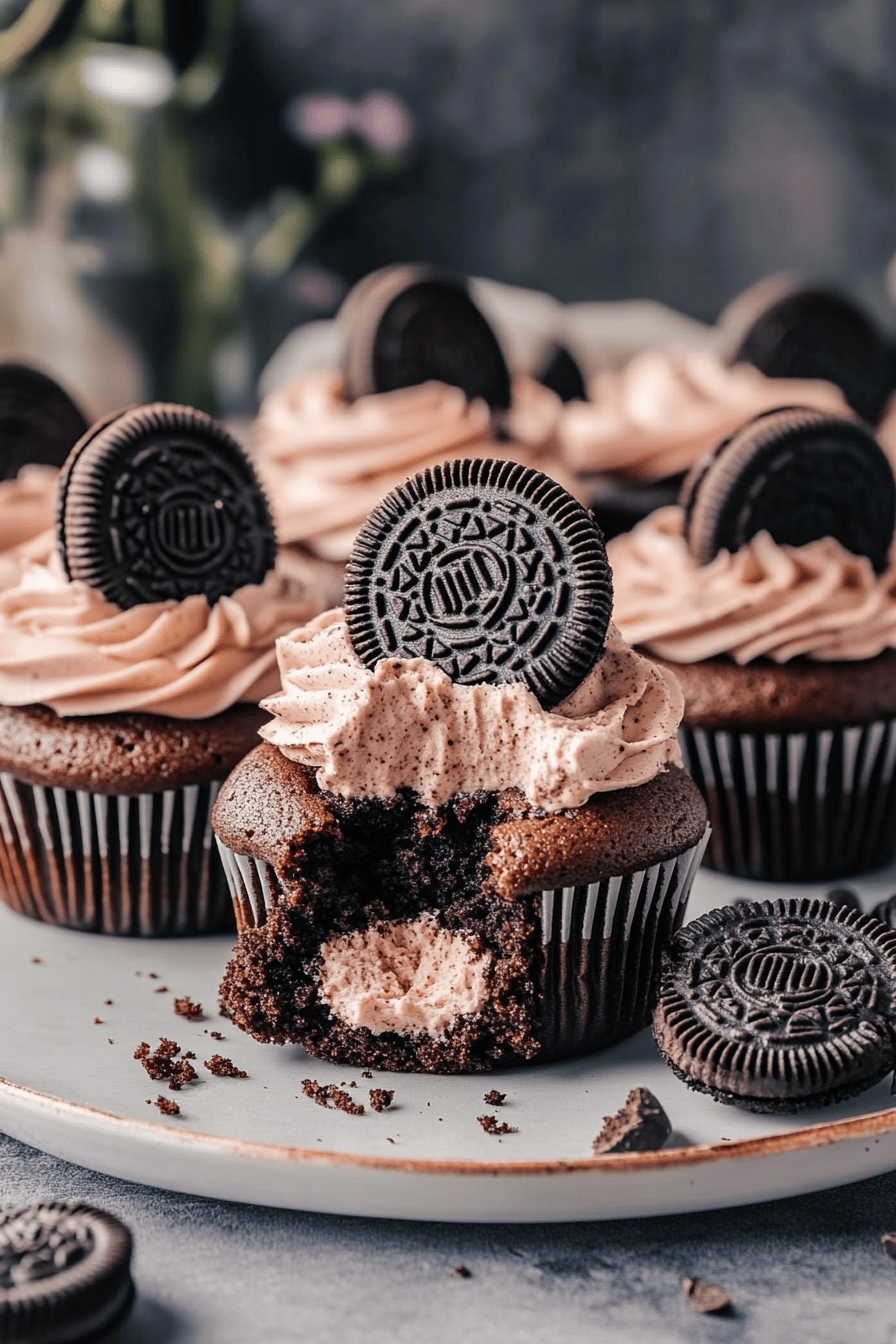 Chocolate Oreo Cupcakes Recipe ingredients organized and measured on kitchen counter
