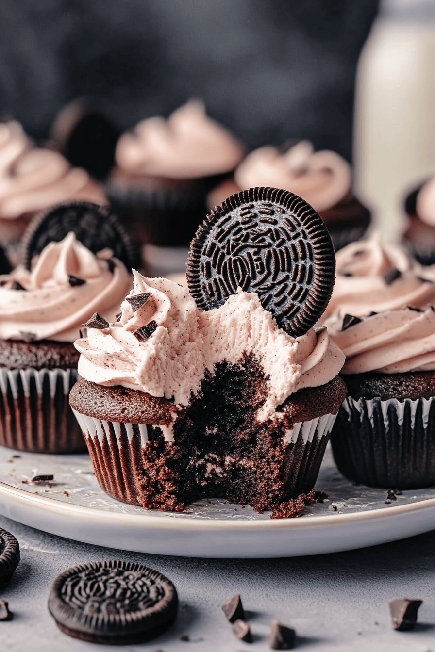 Chocolate Oreo Cupcakes Recipe slice on plate showing perfect texture and swirl pattern