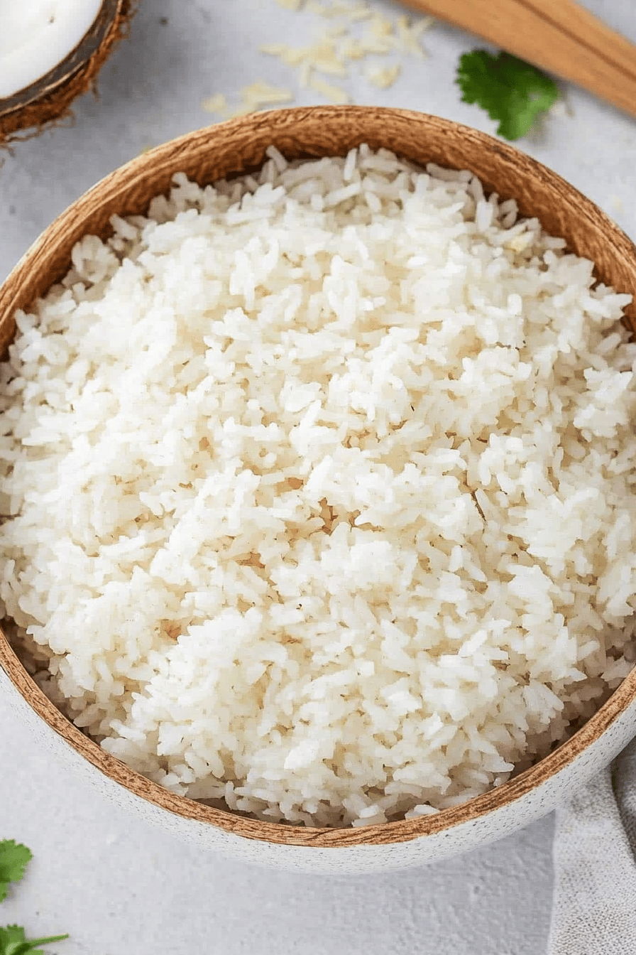 Coconut Rice Recipe slice on plate showing perfect texture and swirl pattern