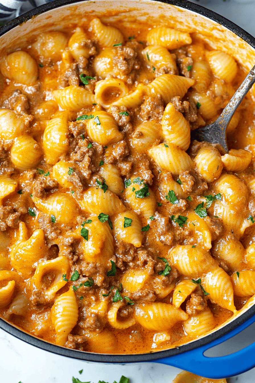 Creamy Beef and Shells ingredients organized and measured on kitchen counter