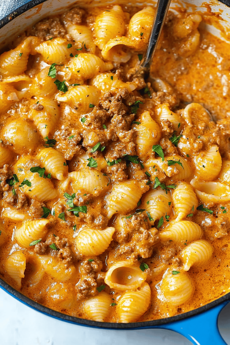Creamy Beef and Shells slice on plate showing perfect texture and swirl pattern