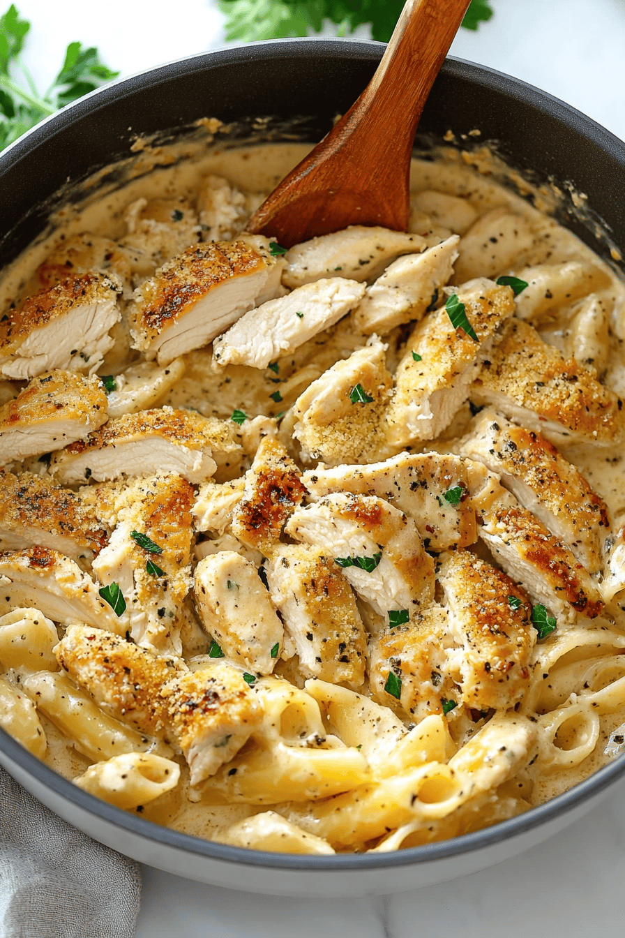 Creamy Chicken Pasta ingredients organized and measured on kitchen counter