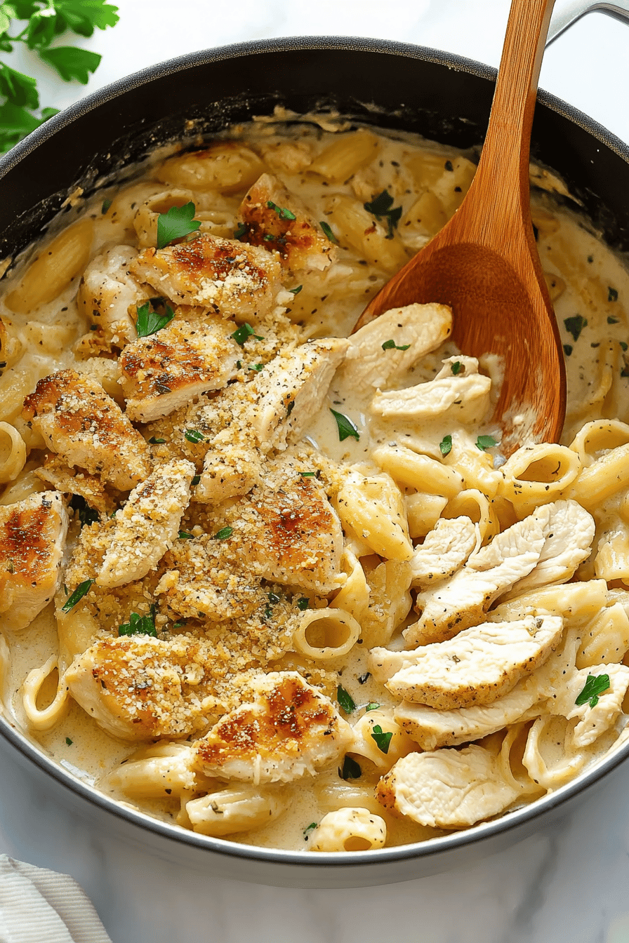 Creamy Chicken Pasta slice on plate showing perfect texture and swirl pattern