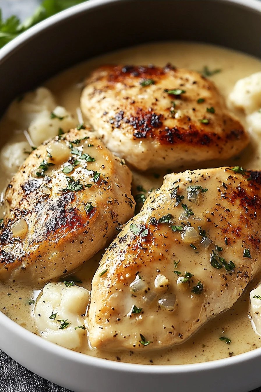 Creamy Garlic Chicken ingredients organized and measured on kitchen counter