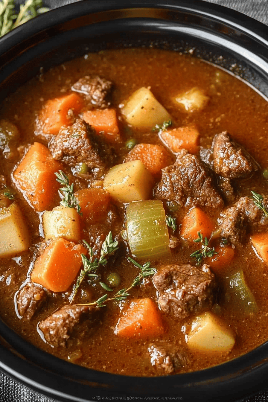Crock-Pot Beef Stew slice on plate showing perfect texture and swirl pattern