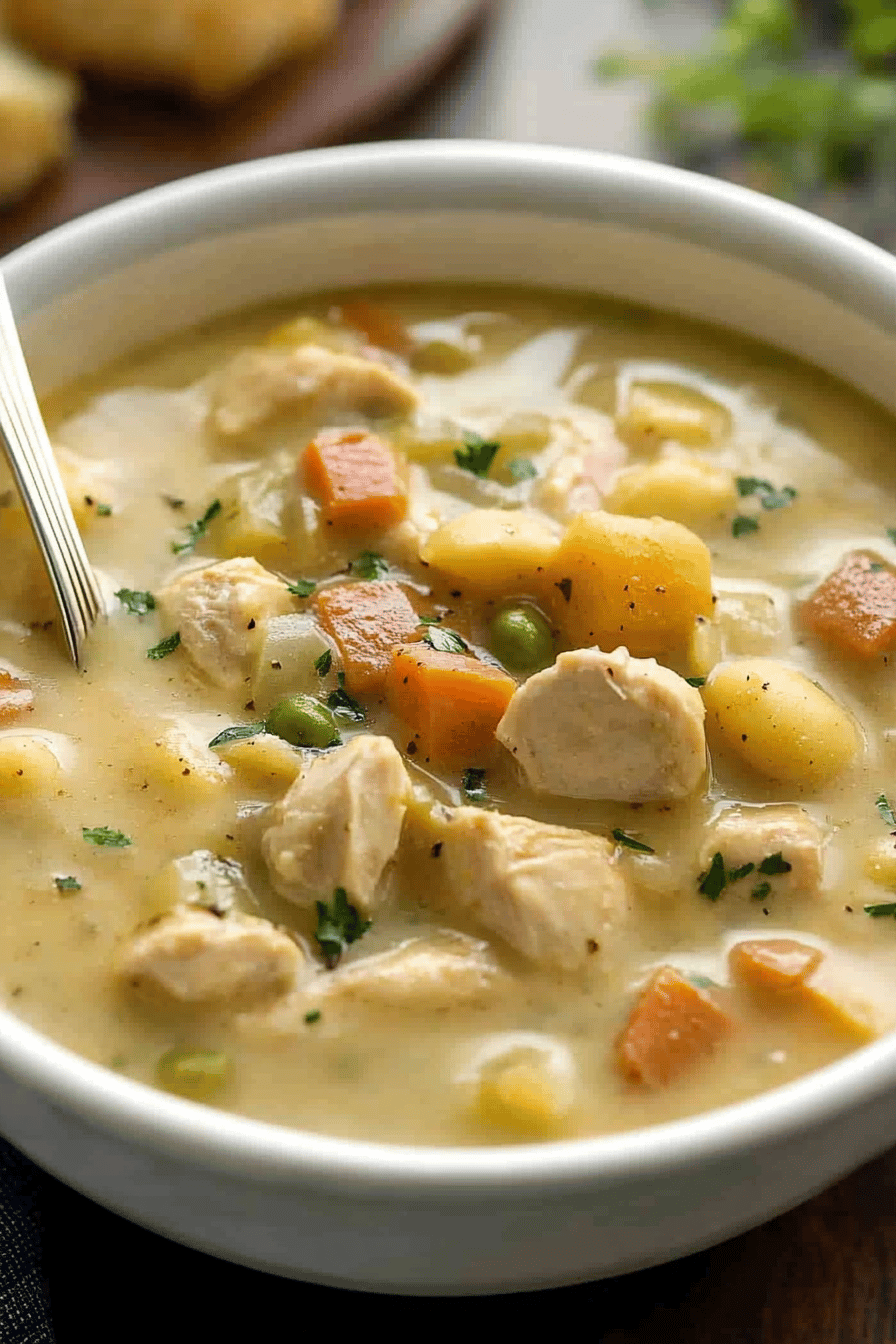 Crock Pot Chicken Stew slice on plate showing perfect texture and swirl pattern