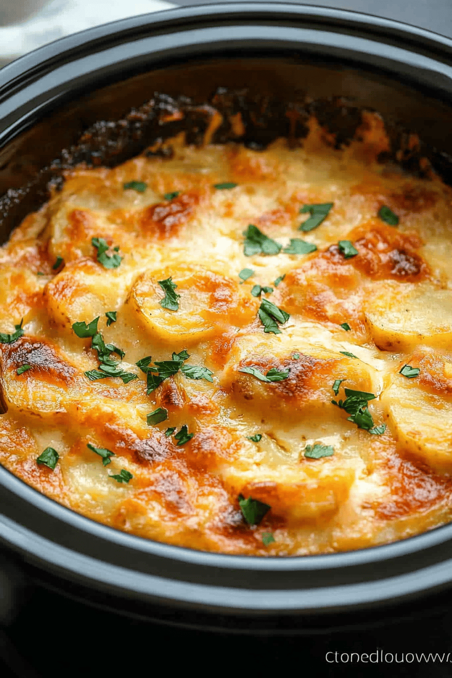 Crock Pot Scalloped Potatoes final dish beautifully presented and ready to serve
