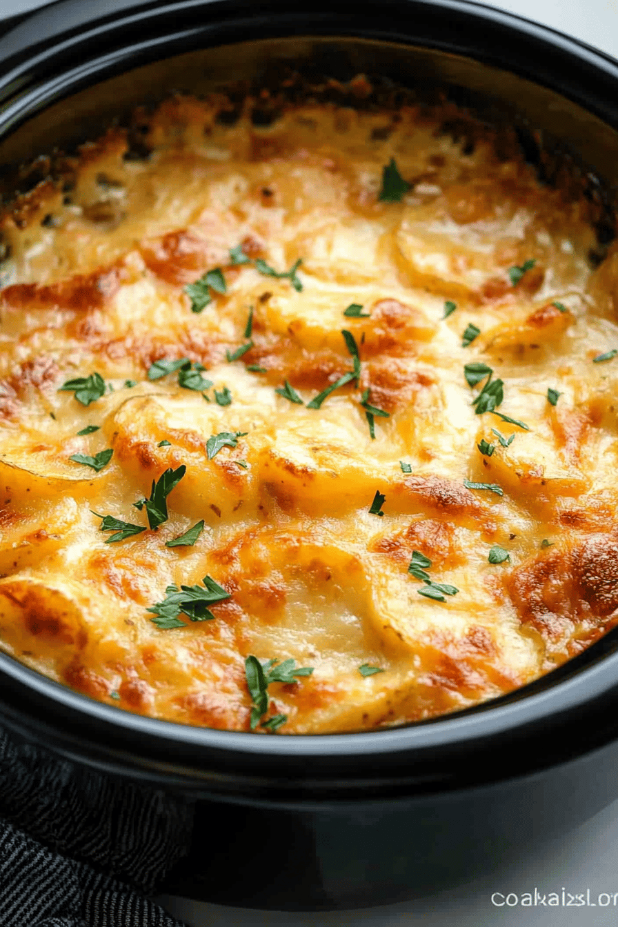 Crock Pot Scalloped Potatoes slice on plate showing perfect texture and swirl pattern