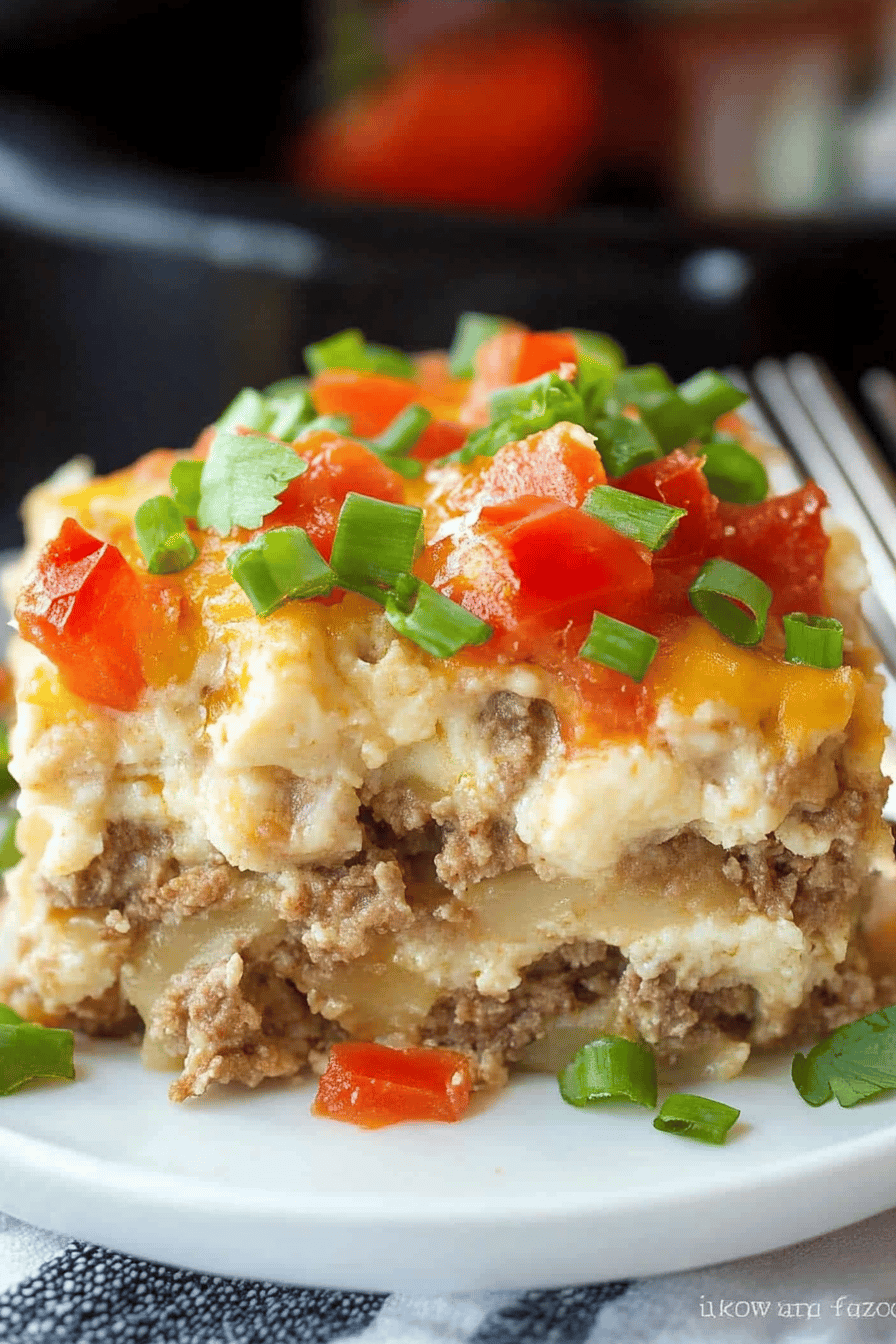 Crockpot Breakfast Casserole Recipe slice on plate showing perfect texture and swirl pattern