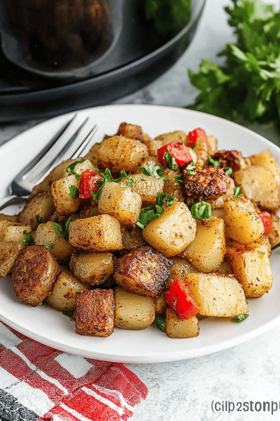 Crockpot Breakfast Potatoes slice on plate showing perfect texture and swirl pattern