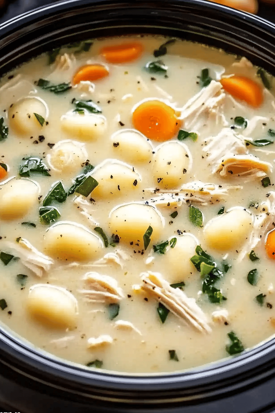 Crockpot Chicken Gnocchi Soup slice on plate showing perfect texture and swirl pattern