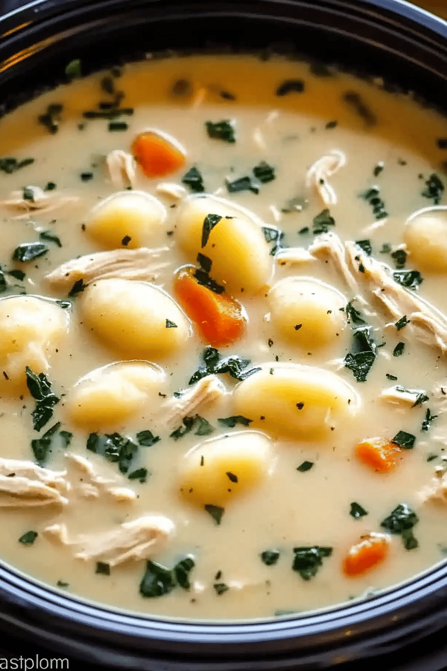 Crockpot Chicken Gnocchi Soup final dish beautifully presented and ready to serve