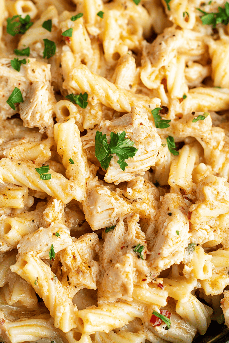 Crockpot Chicken Pasta slice on plate showing perfect texture and swirl pattern