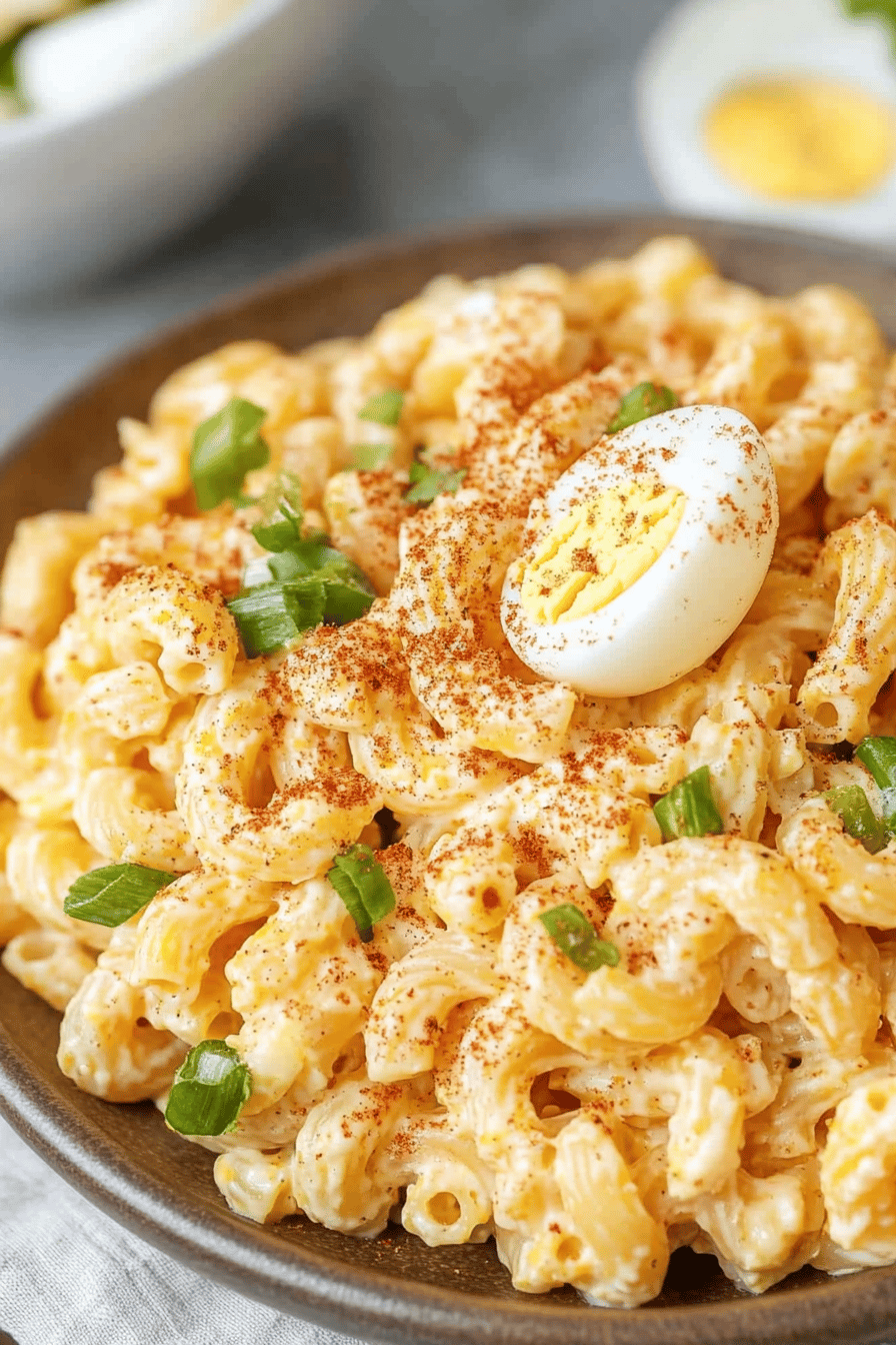 Deviled Egg Pasta Salad slice on plate showing perfect texture and swirl pattern