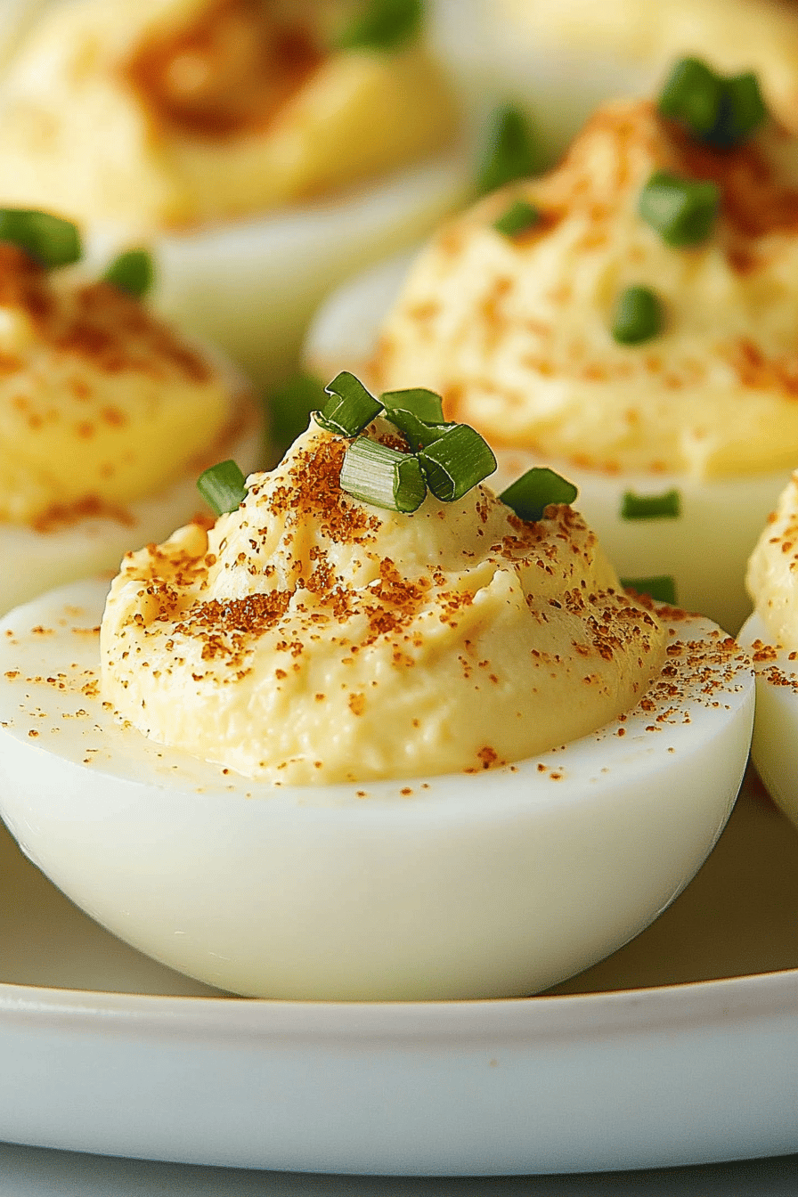 Deviled Eggs Recipe slice on plate showing perfect texture and swirl pattern