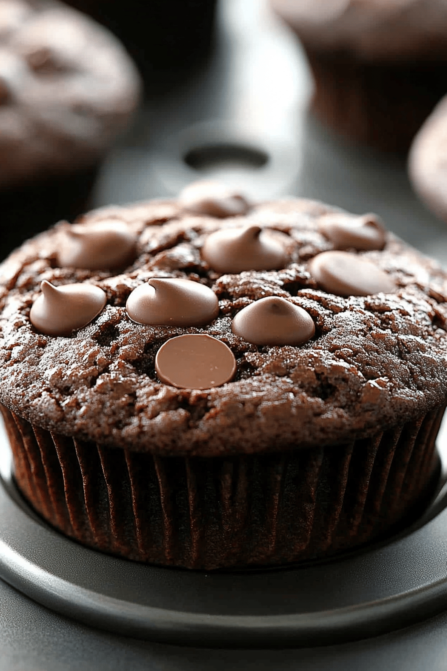 Flourless Chocolate Peanut Butter Muffins slice on plate showing perfect texture and swirl pattern