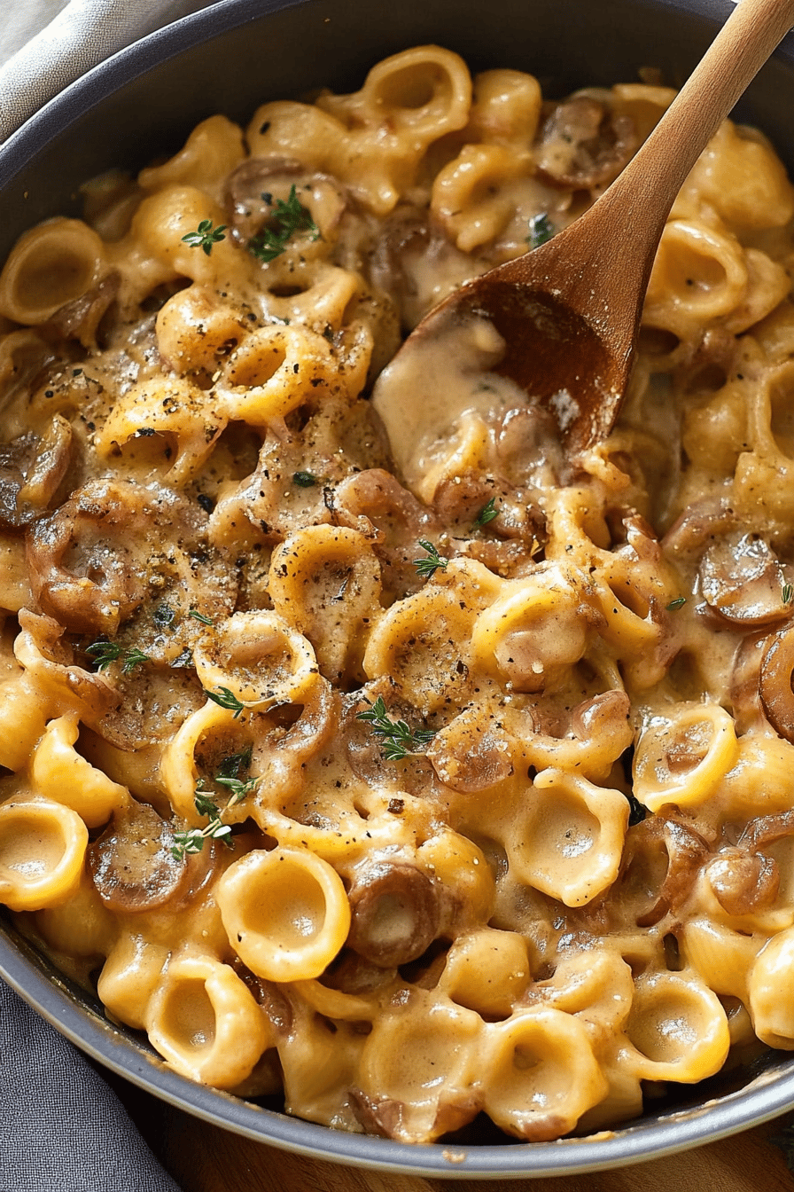 French Onion Pasta slice on plate showing perfect texture and swirl pattern