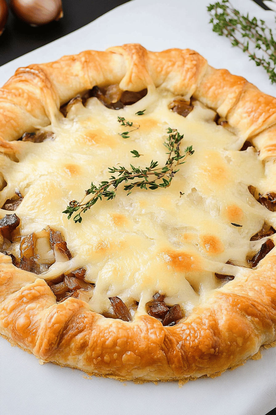 French Onion Tart Recipe slice on plate showing perfect texture and swirl pattern