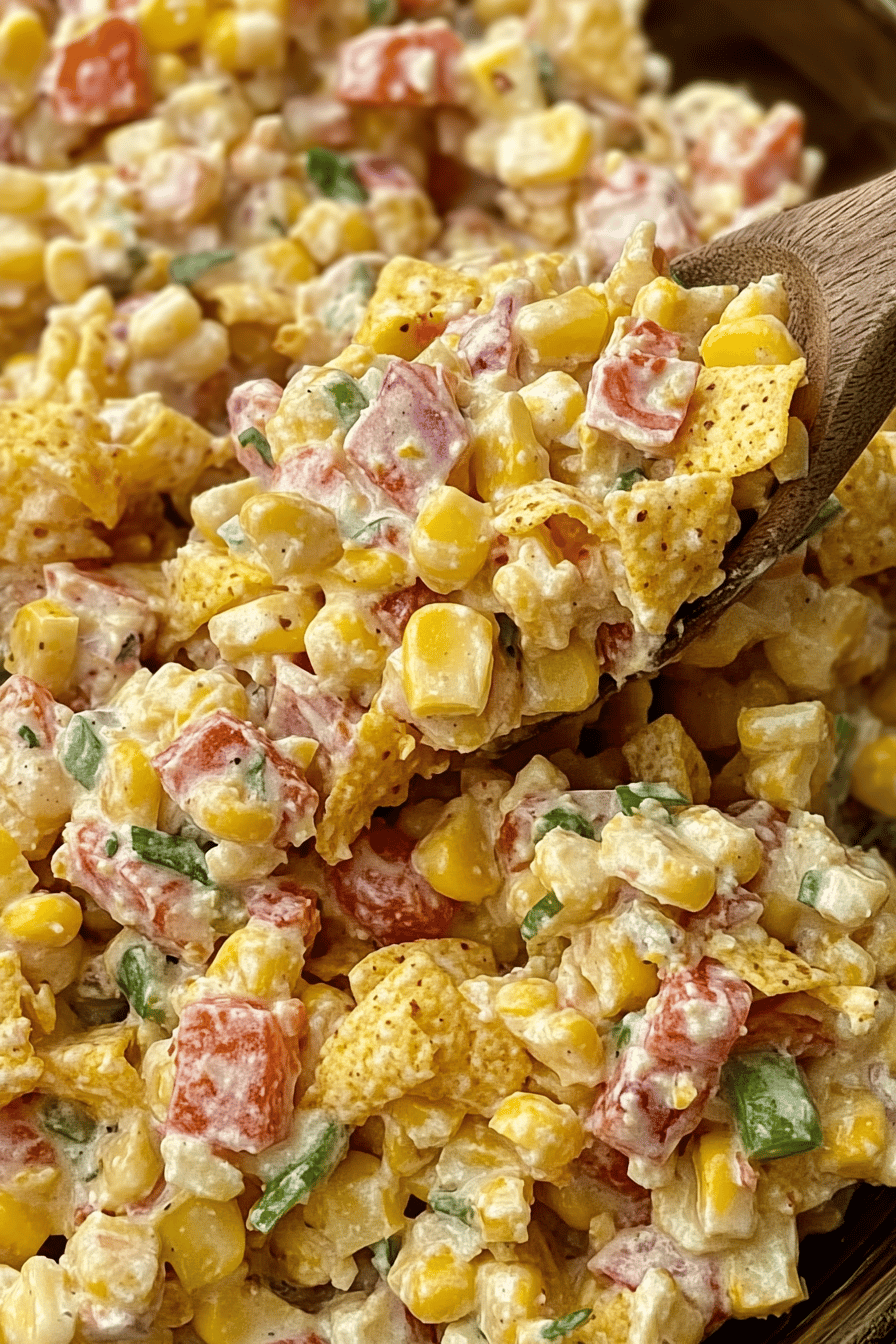 Fritos Corn Salad slice on plate showing perfect texture and swirl pattern