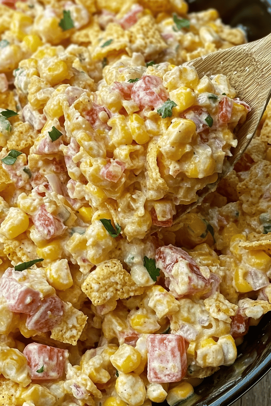 Fritos Corn Salad Recipe slice on plate showing perfect texture and swirl pattern