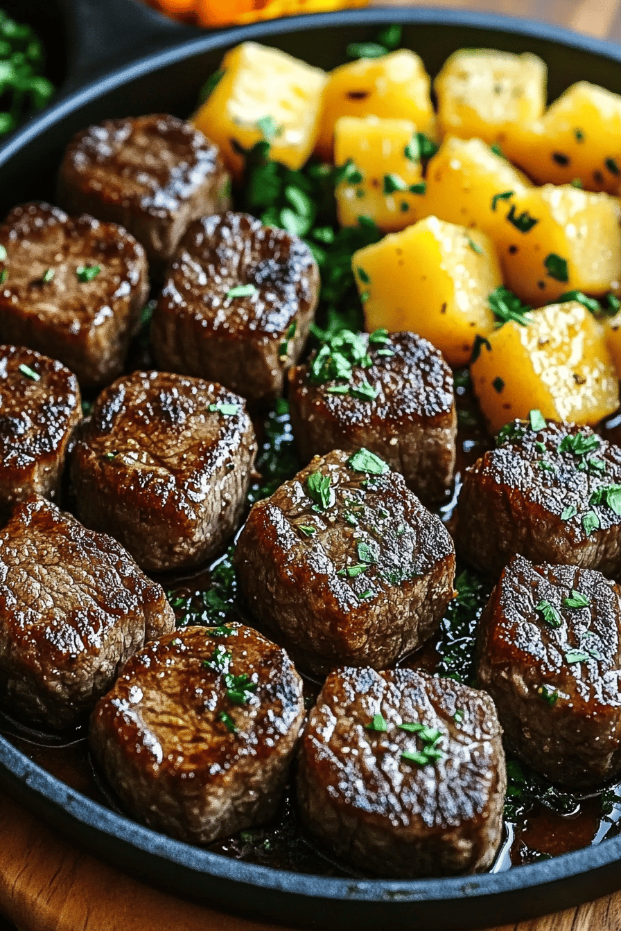 Garlic Butter Steak Bites ingredients organized and measured on kitchen counter