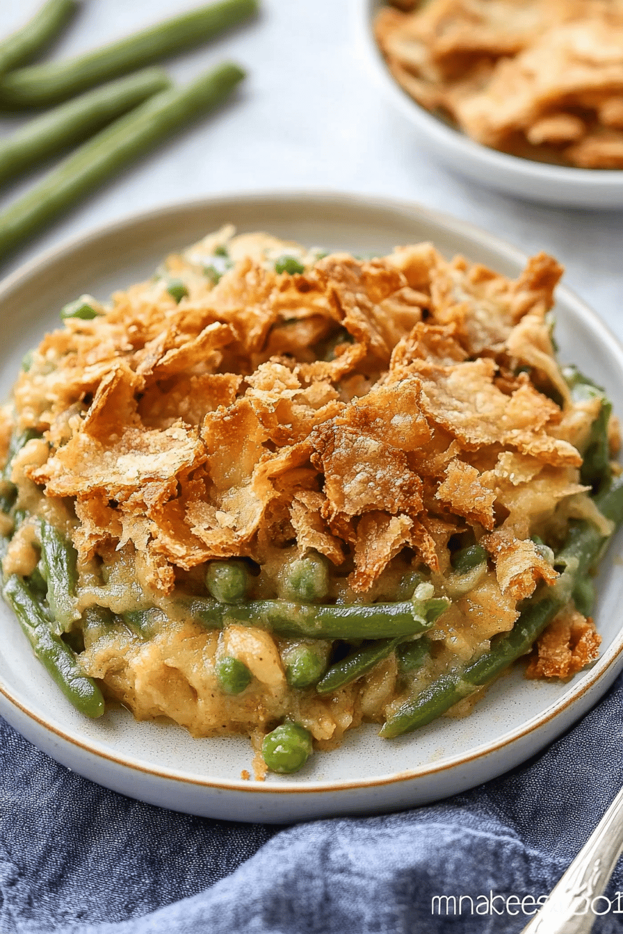 Green Bean Casserole slice on plate showing perfect texture and swirl pattern