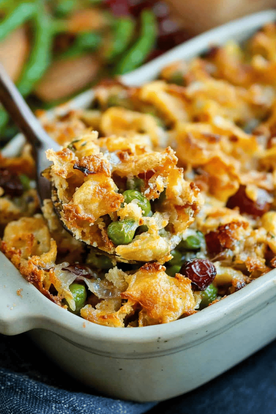 Green Bean Casserole slice on plate showing perfect texture and swirl pattern