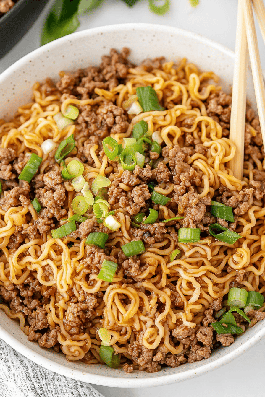 Ground Beef Ramen ingredients organized and measured on kitchen counter