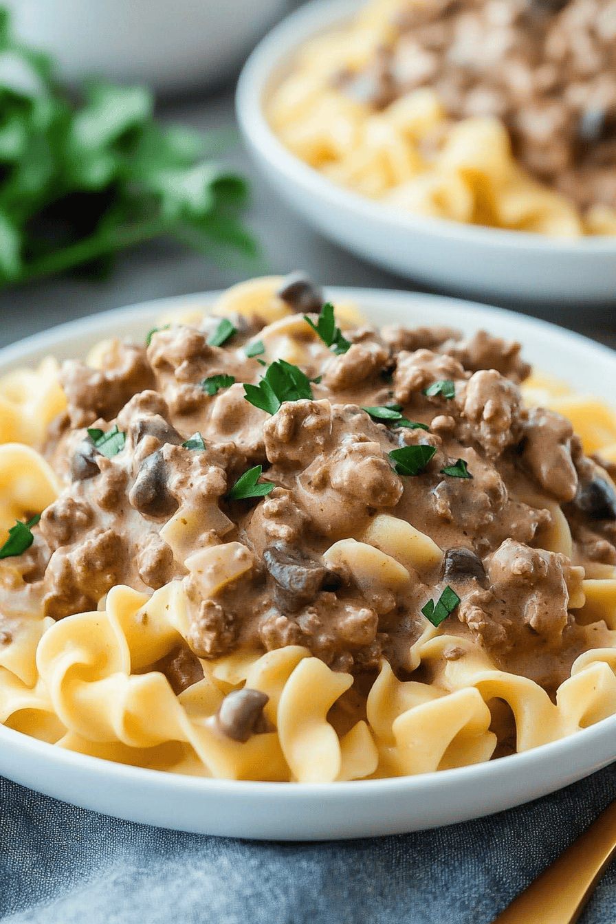Ground Beef Stroganoff ingredients organized and measured on kitchen counter