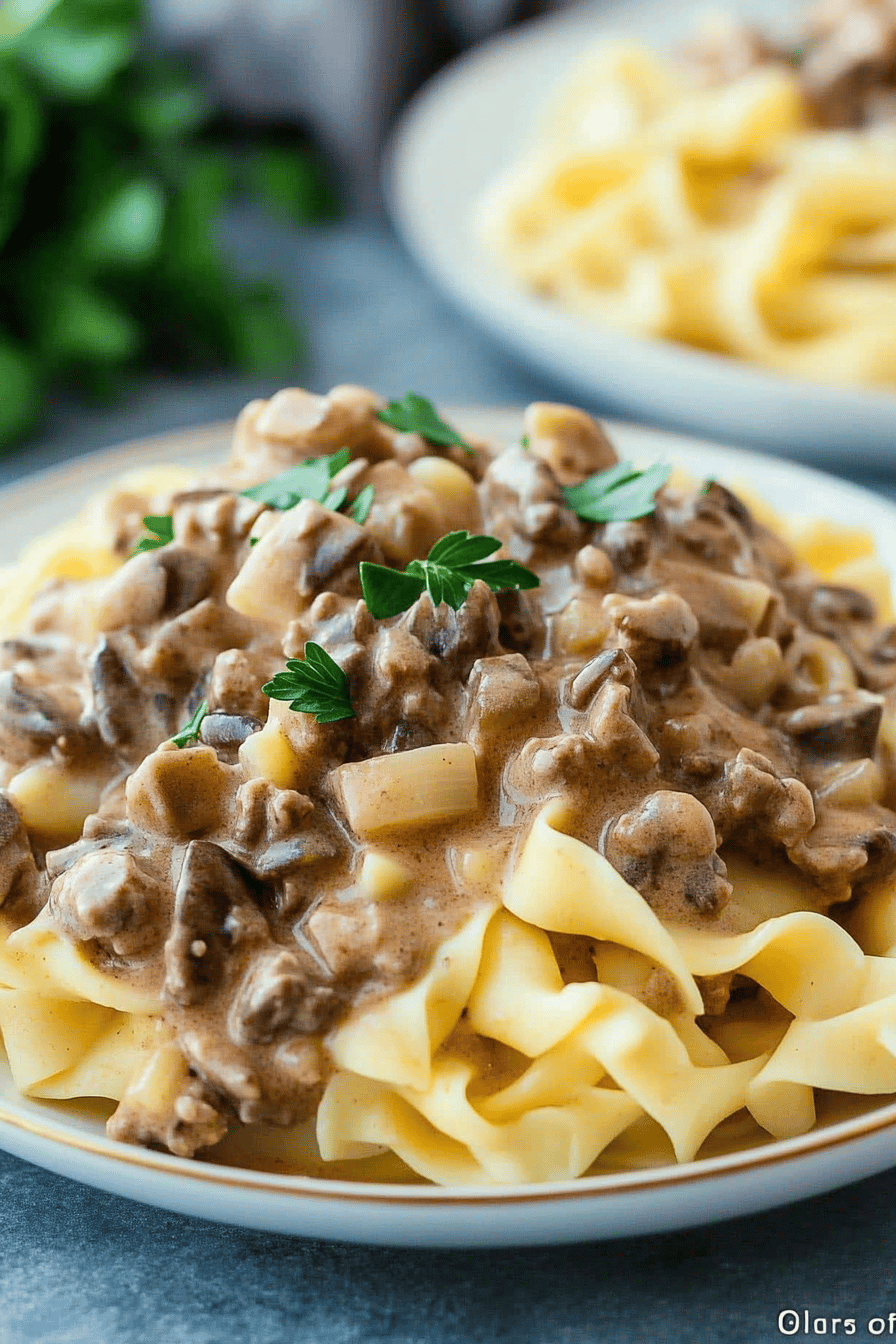 Ground Beef Stroganoff slice on plate showing perfect texture and swirl pattern