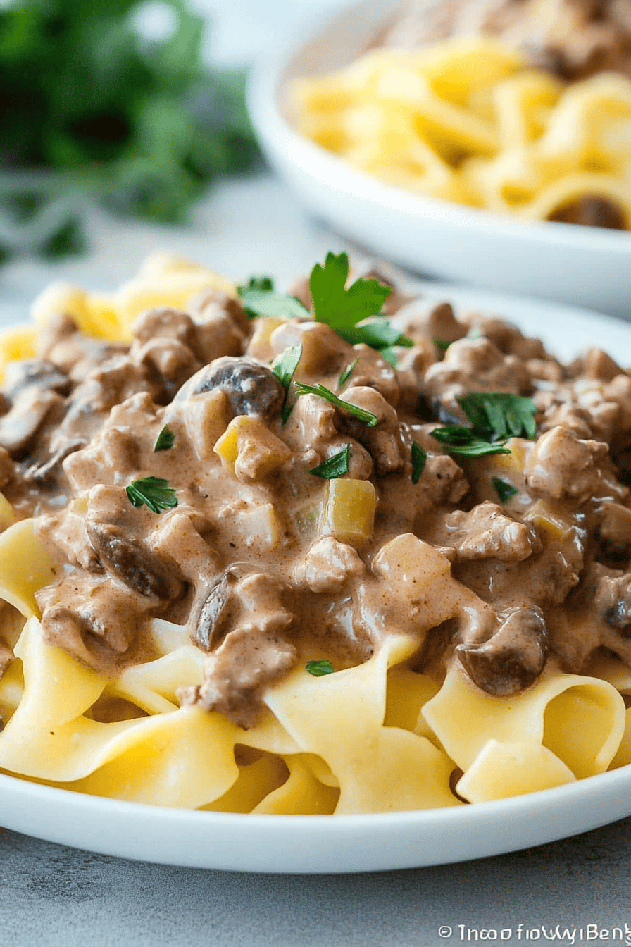 Ground Beef Stroganoff final dish beautifully presented and ready to serve