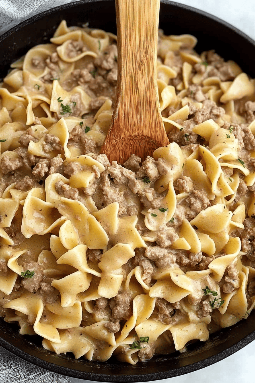Ground Beef Stroganoff Recipe ingredients organized and measured on kitchen counter