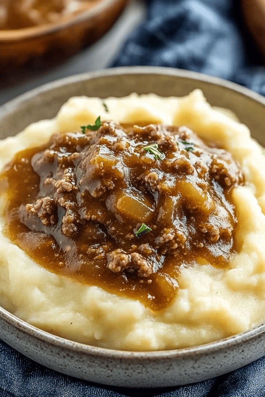 Ground Beef and Gravy Recipe slice on plate showing perfect texture and swirl pattern