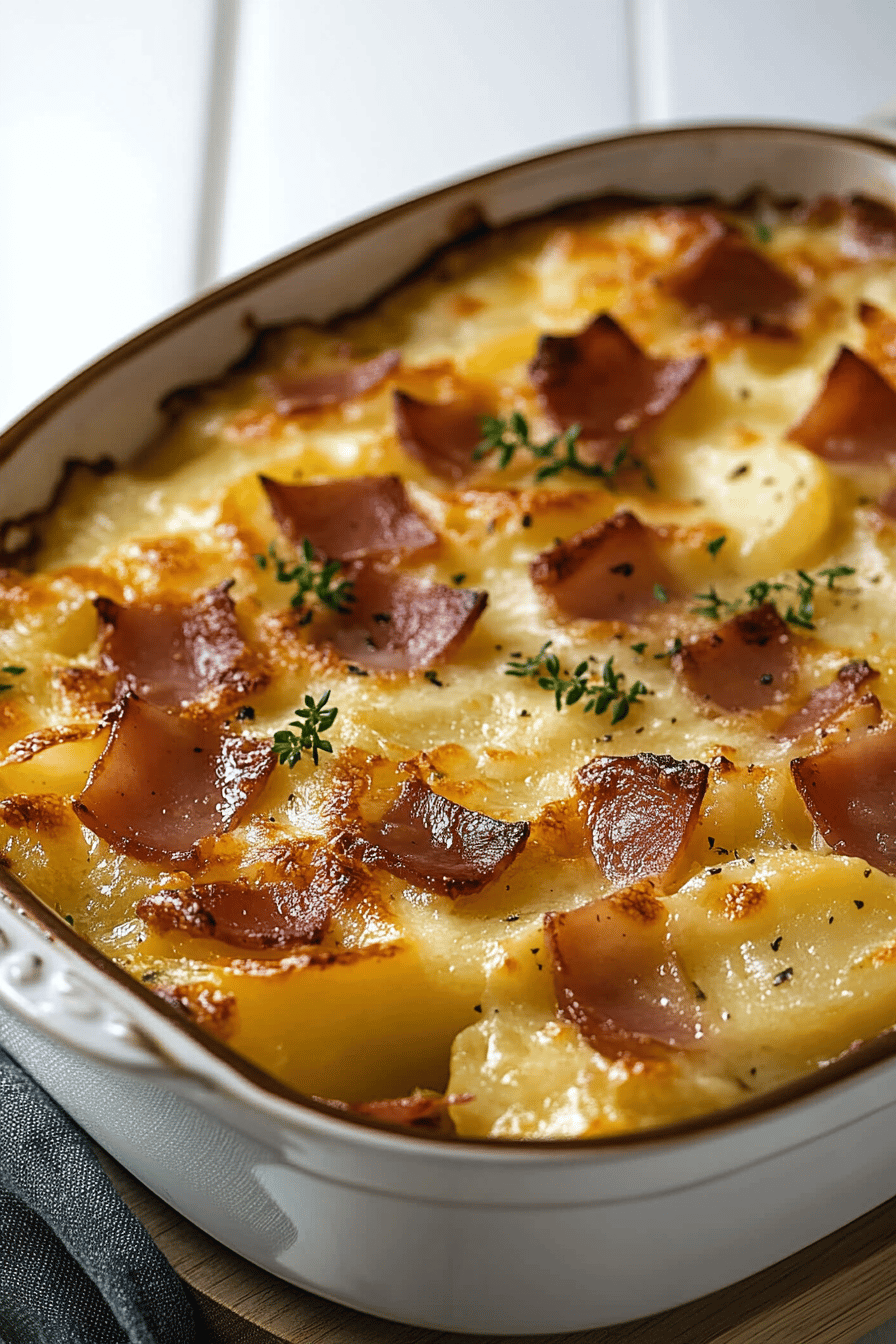 Ham and Potato Au Gratin Recipe slice on plate showing perfect texture and swirl pattern