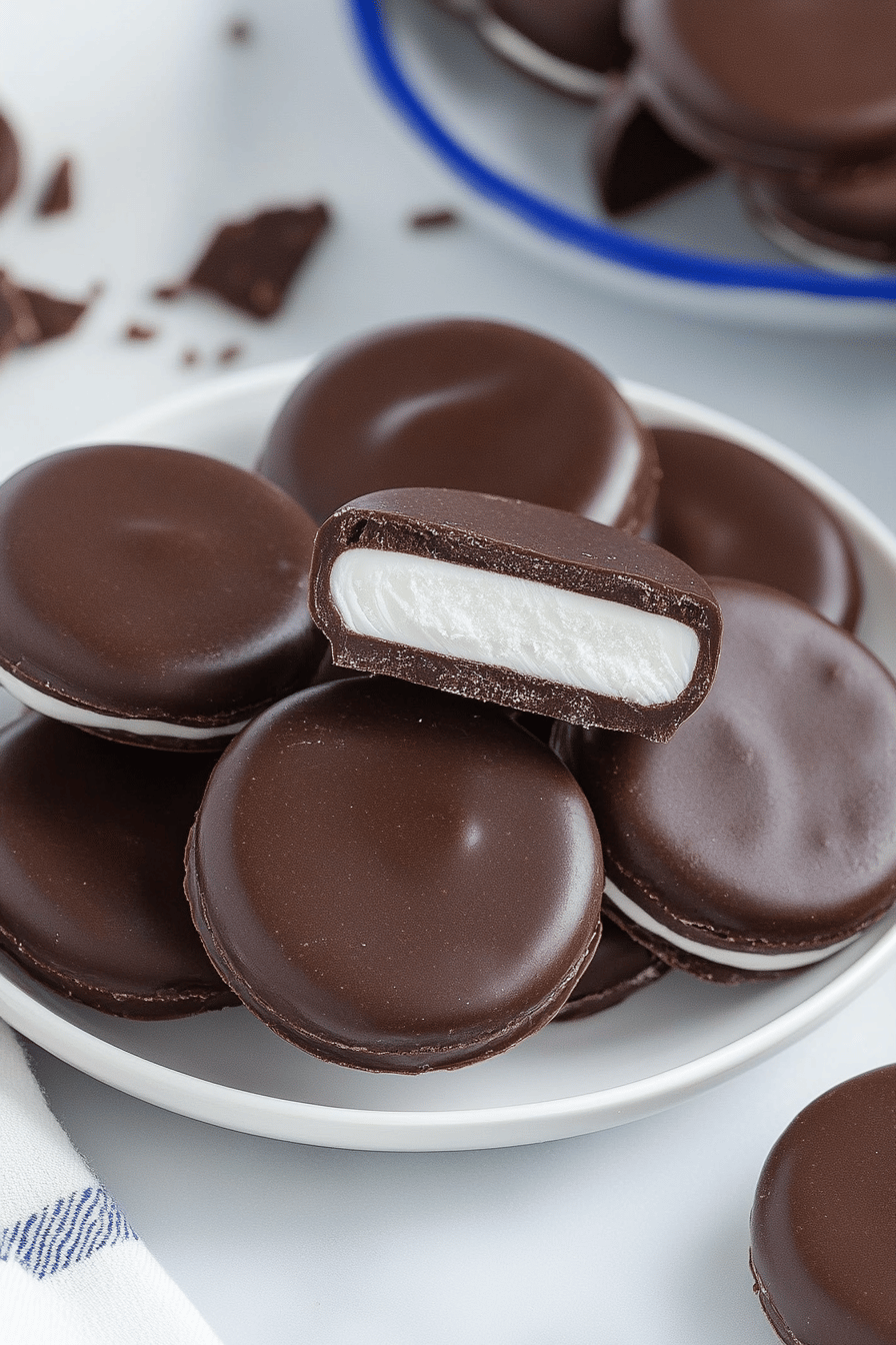 Homemade Peppermint Patties slice on plate showing perfect texture and swirl pattern