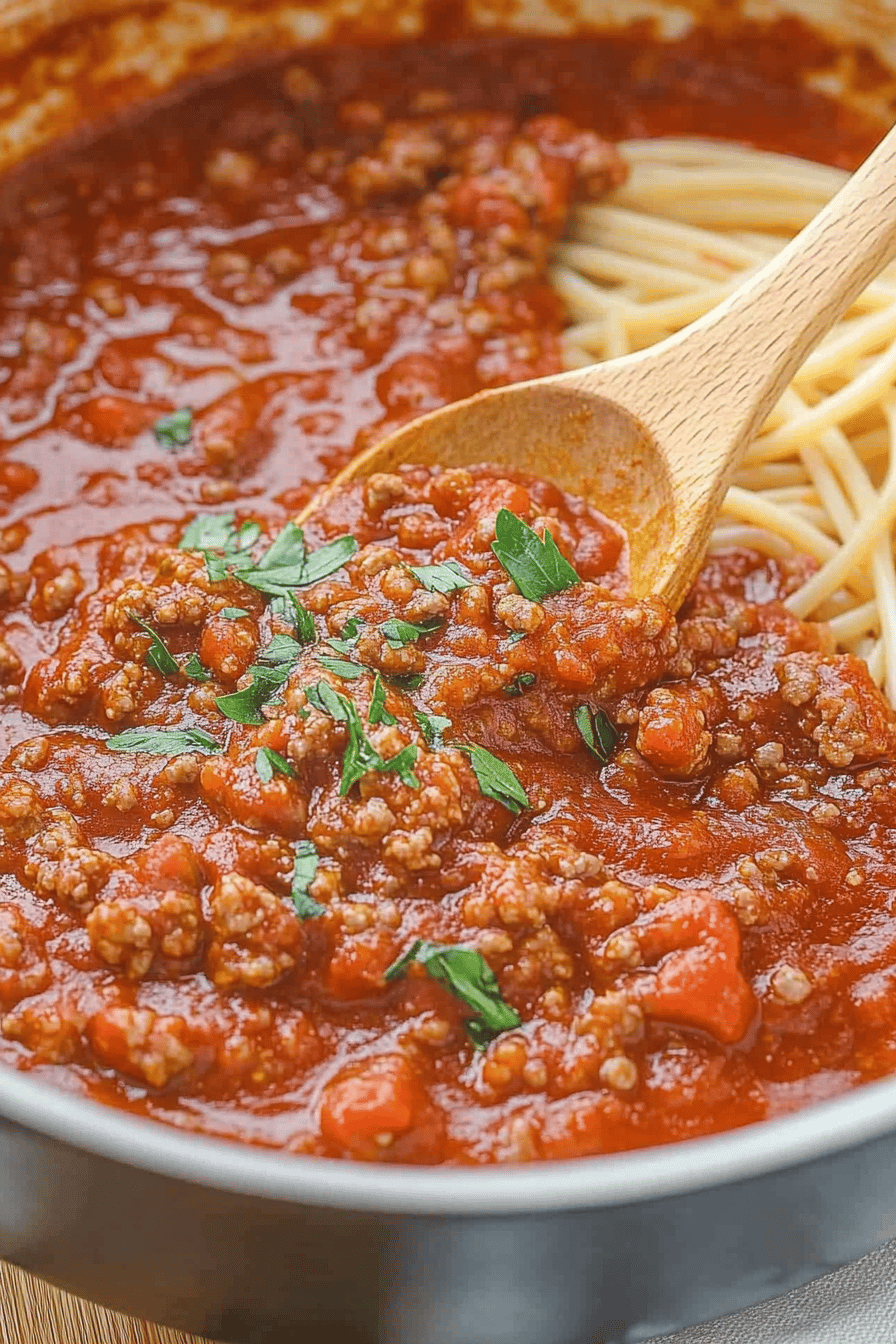 Homemade Spaghetti Meat Sauce slice on plate showing perfect texture and swirl pattern