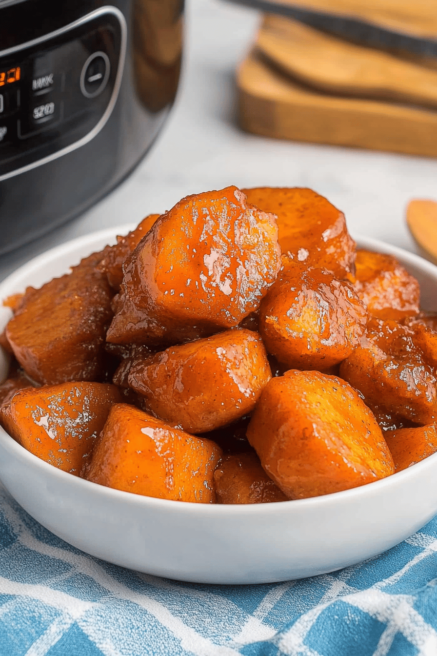 Instant Pot Candied Yams slice on plate showing perfect texture and swirl pattern