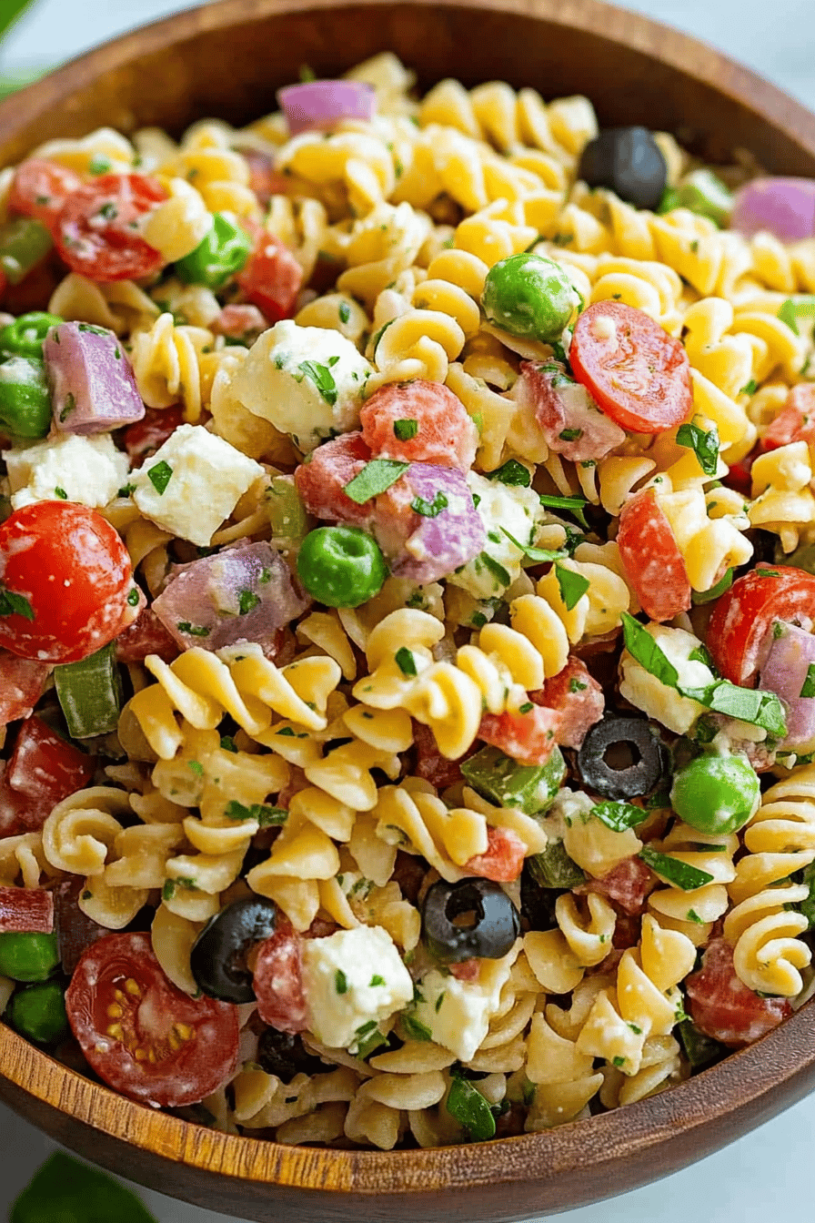 Italian Pasta Salad Recipe ingredients organized and measured on kitchen counter