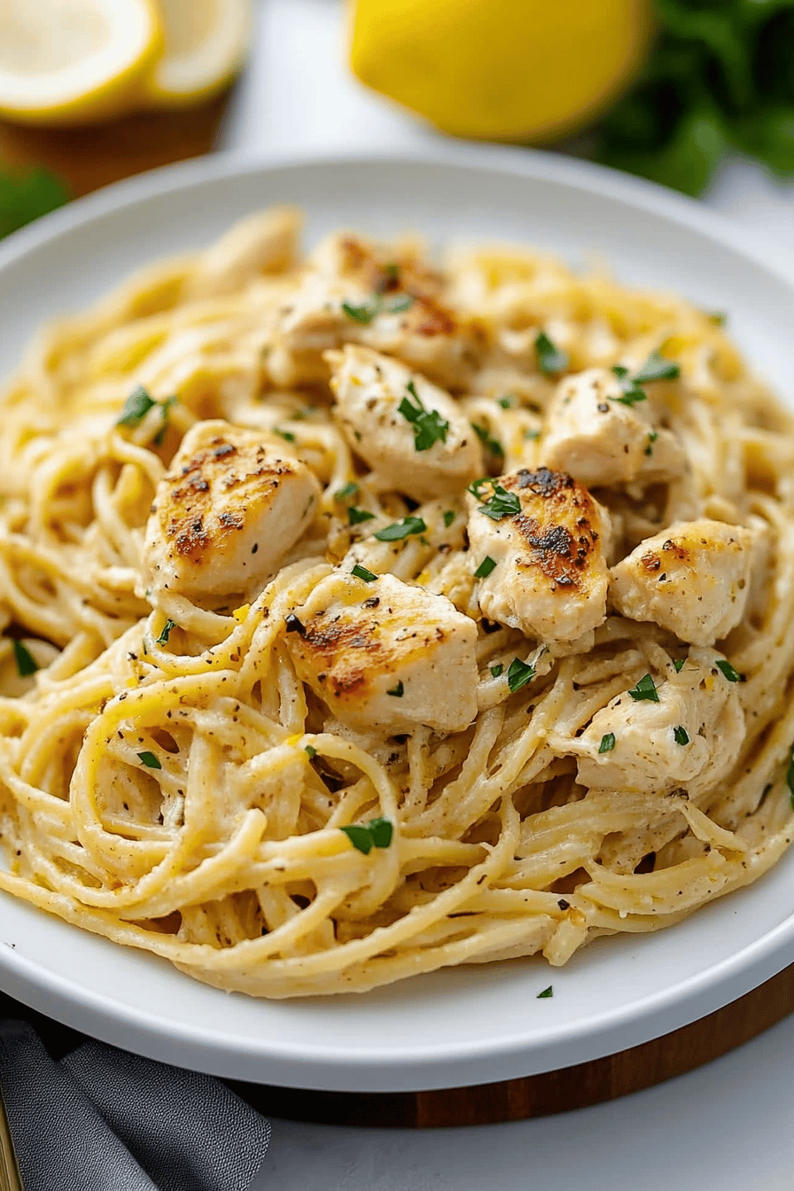 Lemon Chicken Pasta slice on plate showing perfect texture and swirl pattern