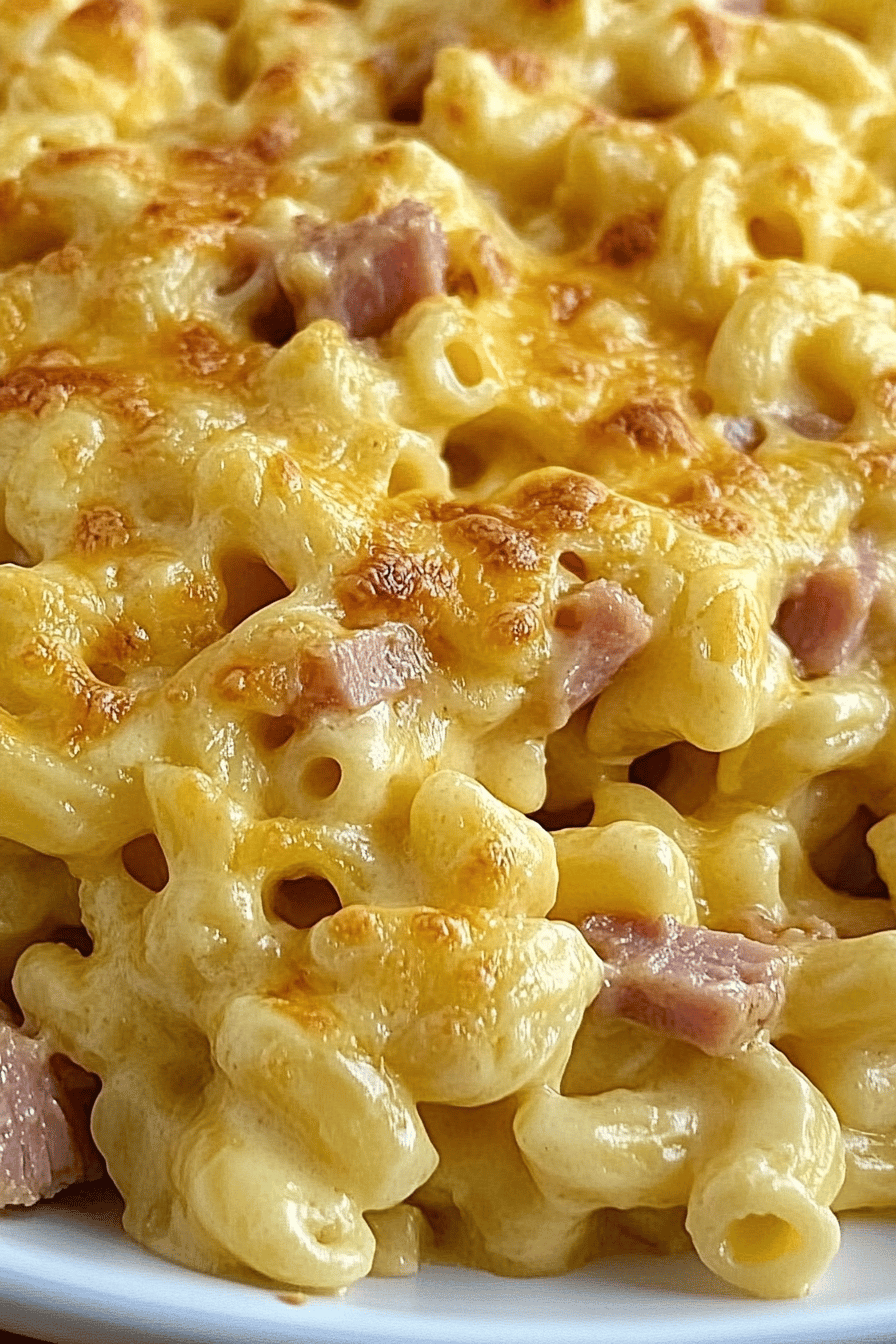 Macaroni Cheese Ham Casserole slice on plate showing perfect texture and swirl pattern