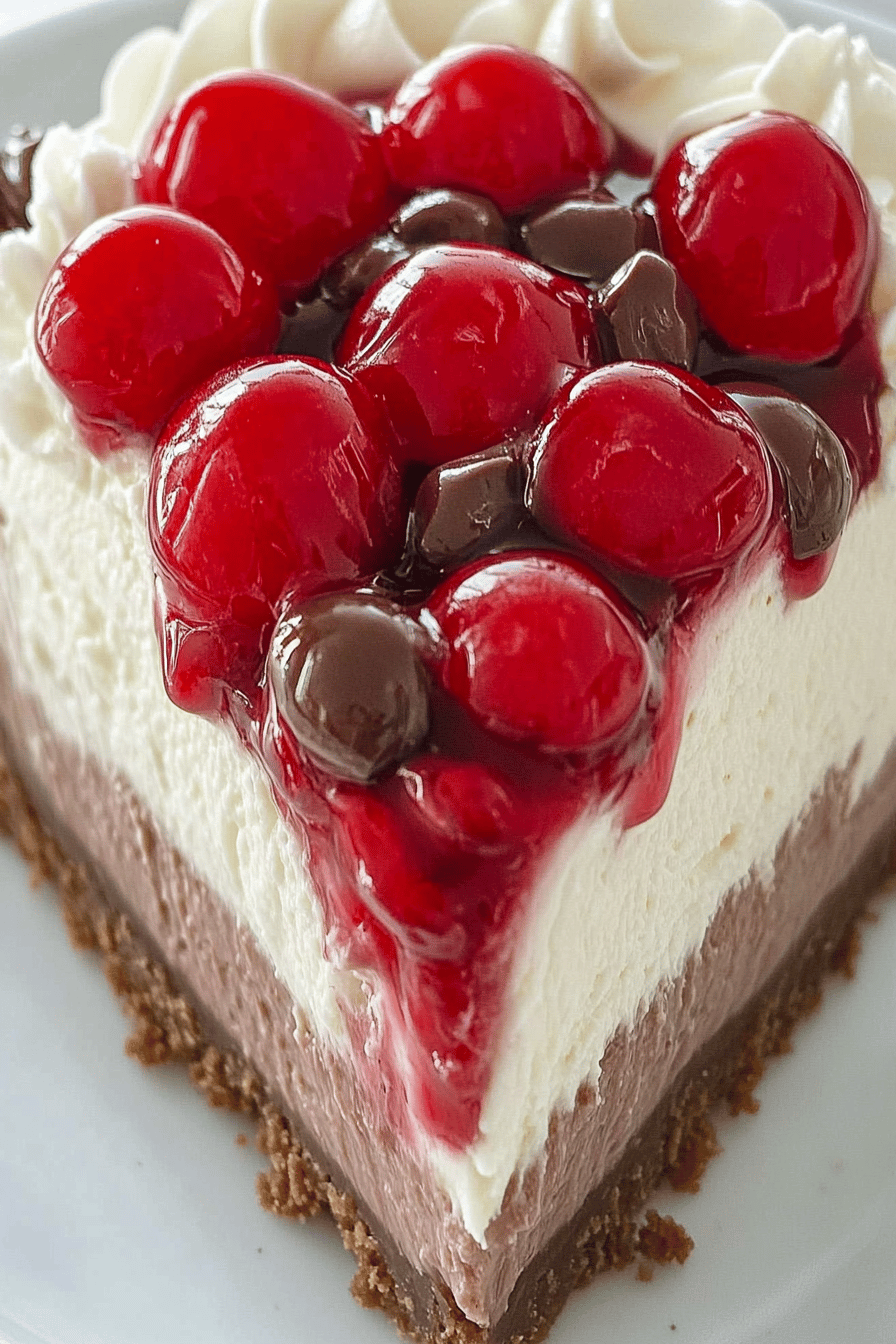 No-Bake Black Forest Cheesecake slice on plate showing perfect texture and swirl pattern