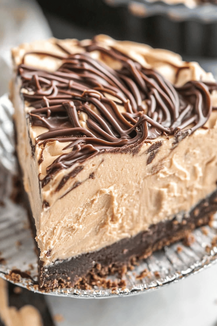 No-Bake Peanut Butter Fudge Pie slice on plate showing perfect texture and swirl pattern