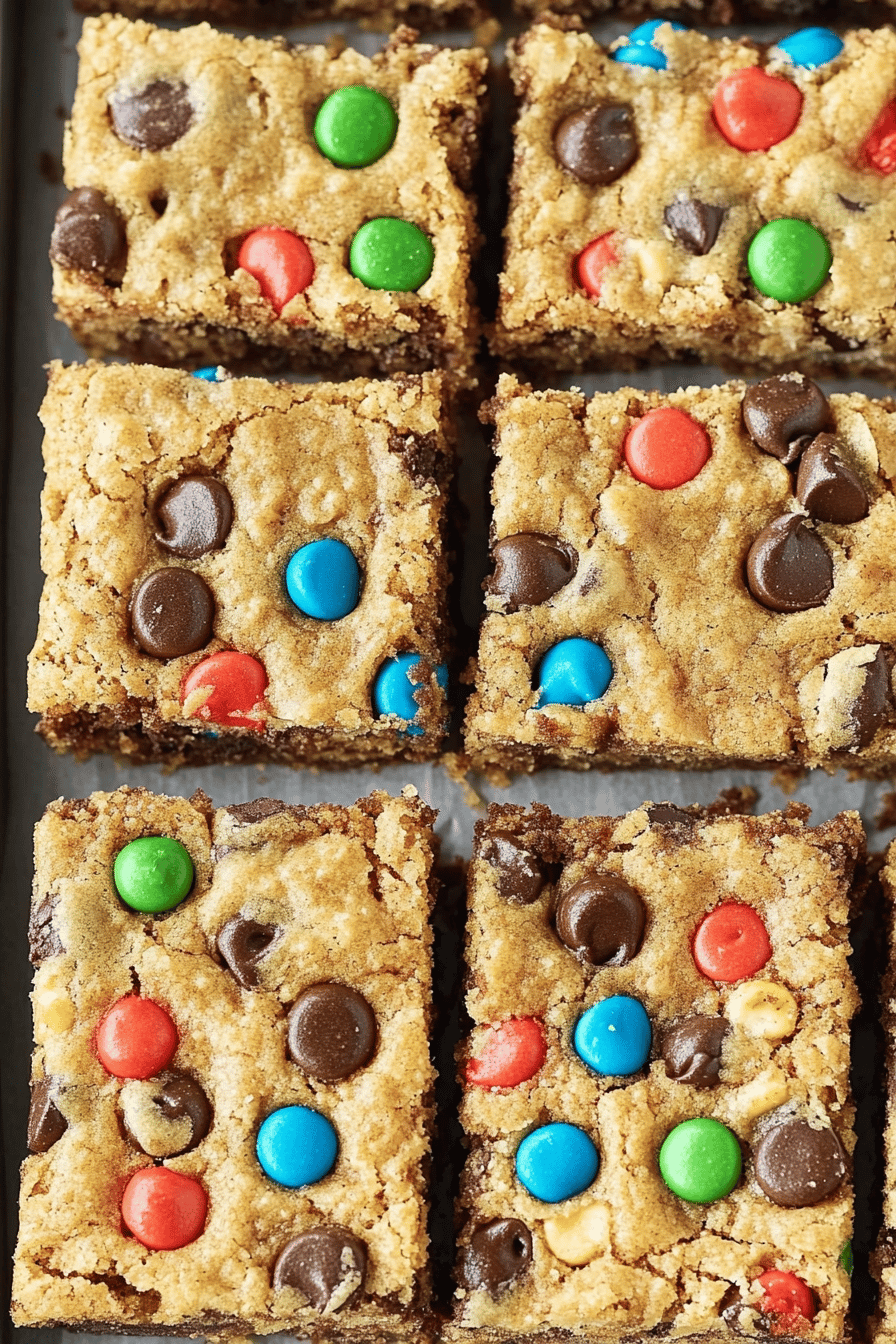 No-Flour Monster Cookie Bars ingredients organized and measured on kitchen counter